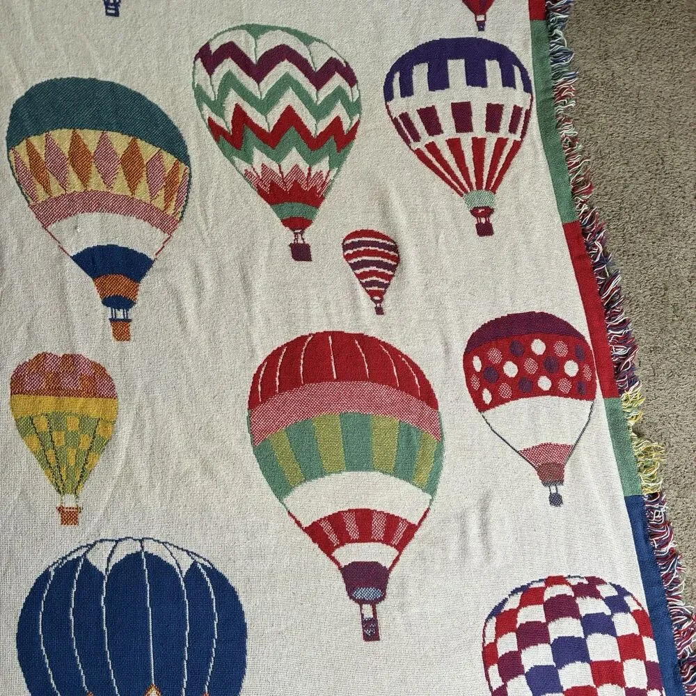 Hot Air Balloon Tapestry Cotton Blanket Throw w/Fringe 70”x46” Two Sided 1970s
